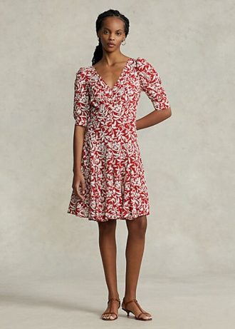 Flower Damen Ralph Lauren Godet-Kreppkleid mit floralem Muster und Hammelärmeln