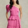 Fuchsia Ralph Lauren Damen One-Shoulder-Oberteile aus Baumwolle mit Gürtel