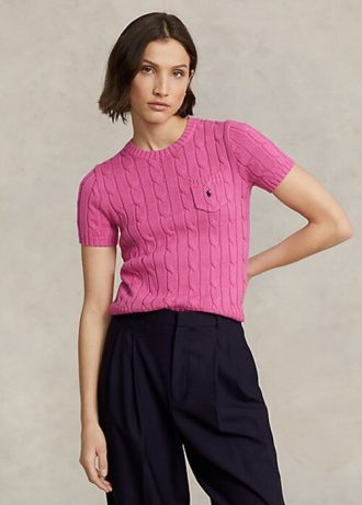Fuchsiafarbene Ralph Lauren Kurzarmpullover aus Baumwolle mit Zopfmuster für Damen