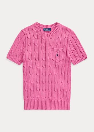 Fuchsiafarbene Ralph Lauren Kurzarmpullover aus Baumwolle mit Zopfmuster für Damen