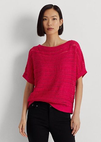 Fuchsiafarbene Ralph Lauren Kurzarmpullover aus Baumwollnetz für Damen
