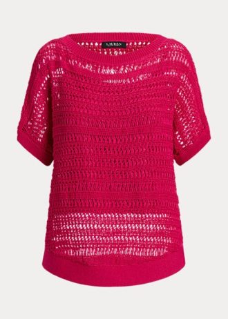 Fuchsiafarbene Ralph Lauren Kurzarmpullover aus Baumwollnetz für Damen