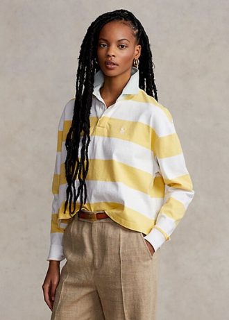 Gelb / Weiß Damen Ralph Lauren Gestreifte Cropped Jersey Rugby Poloshirts