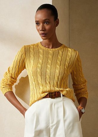 Gelbe Ralph Lauren Pullover mit Zopfmuster und Rundhalsausschnitt aus Seide für Damen