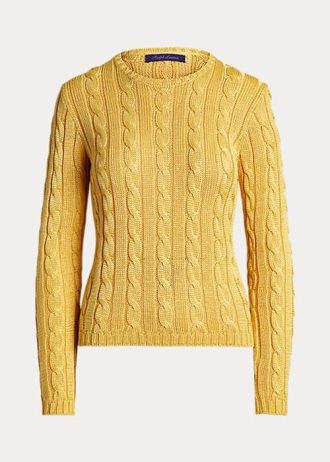 Gelbe Ralph Lauren Pullover mit Zopfmuster und Rundhalsausschnitt aus Seide für Damen
