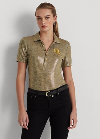 Goldfarbene Poloshirts aus Jersey mit Foliendruck von Ralph Lauren für Damen Goldfarbene Poloshirts aus Jersey mit Foliendruck von Ralph Lauren für Damen