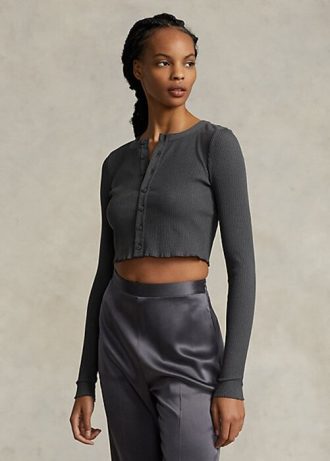 Graue gerippte Cropped-Tops mit Knopfleiste für Damen von Ralph Lauren