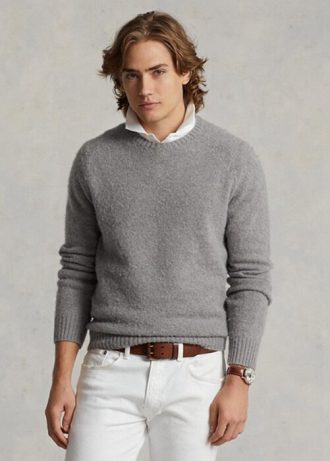 Graue Herren Ralph Lauren Pullover aus Wolle mit Wildleder-Patch und Rundhalsausschnitt