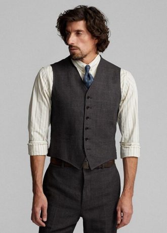 Graue Herren-Weste aus Seidenleinen von Ralph Lauren mit Karomuster