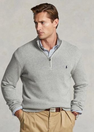 Graue Ralph Lauren Baumwollpullover mit Viertelreißverschluss für Herren