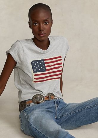 Graue Ralph Lauren Flag Baumwolljersey-T-Shirts für Damen Graue Ralph Lauren Flag Baumwolljersey-T-Shirts für Damen