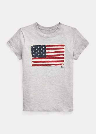 Graue Ralph Lauren Flag Baumwolljersey-T-Shirts für Damen Graue Ralph Lauren Flag Baumwolljersey-T-Shirts für Damen