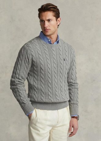 Graue Ralph Lauren Herrenpullover aus Baumwolle mit Zopfmuster