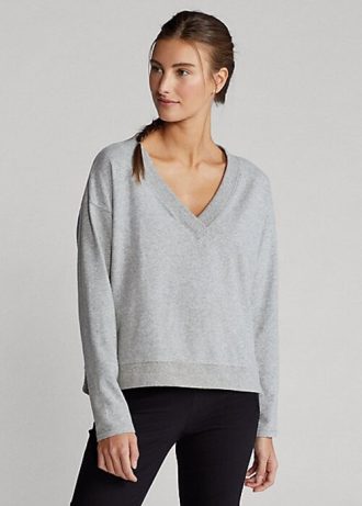 Graue Ralph Lauren Jersey-Sweatshirts mit V-Ausschnitt für Damen
