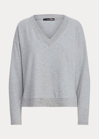 Graue Ralph Lauren Jersey-Sweatshirts mit V-Ausschnitt für Damen
