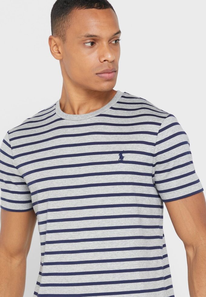 Graue Ralph Lauren T-Shirts mit Rundhalsausschnitt und Streifen für Herren