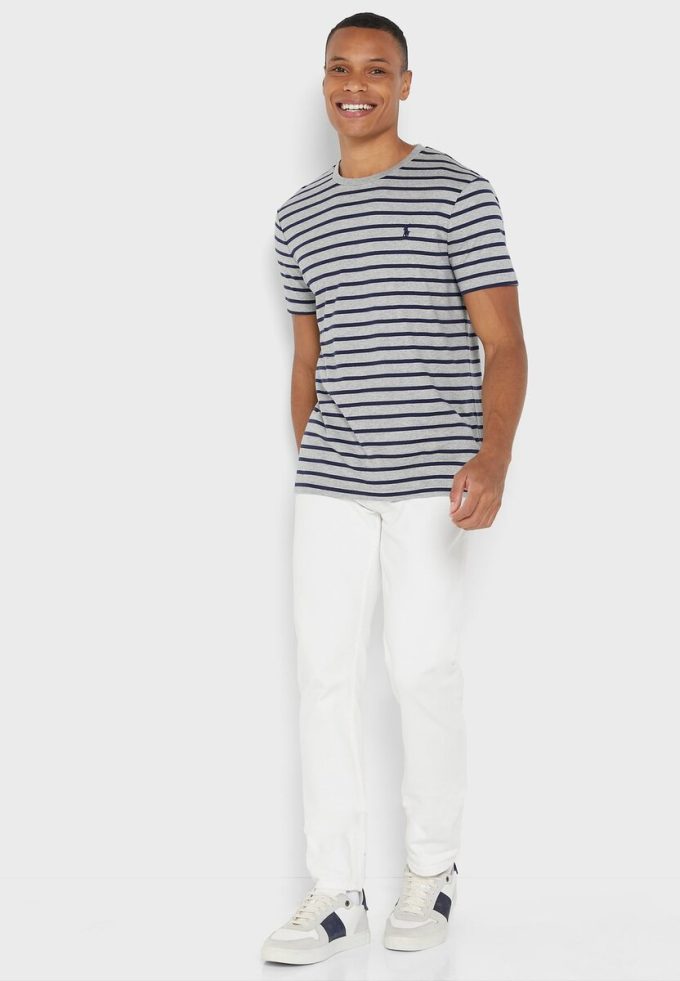 Graue Ralph Lauren T-Shirts mit Rundhalsausschnitt und Streifen für Herren