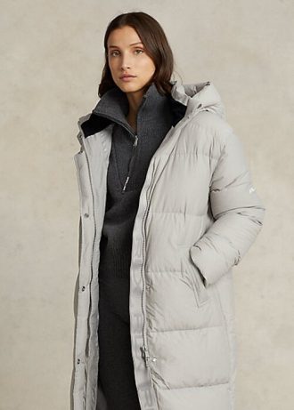 Graue wasserabweisende Daunenmäntel mit Kapuze von Ralph Lauren für Damen Graue wasserabweisende Daunenmäntel mit Kapuze von Ralph Lauren für Damen