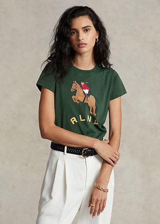 Grüne Damen Ralph Lauren Equestrian Appliqué Logo Jersey T-Shirts Grüne Damen Ralph Lauren Equestrian Appliqué Logo Jersey T-Shirts