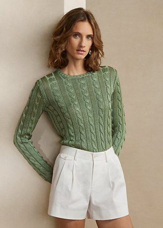 Grüne Ralph Lauren Pullover aus Seide mit Zopfmuster und Rundhalsausschnitt für Damen
