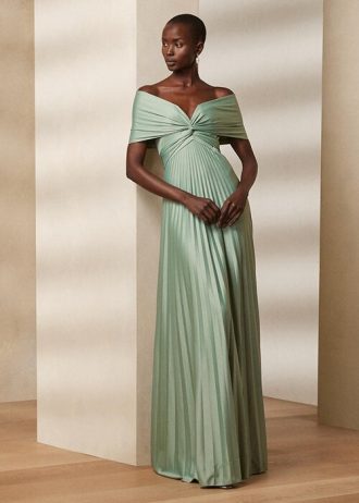 Grünes Ralph Lauren Merridan Plissee-Abendkleid aus Jersey für Damen