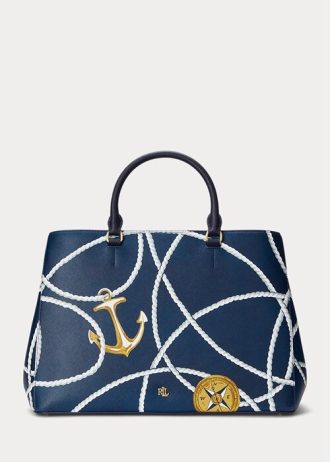 Große Hanna-Umhängetaschen aus Leder mit nautischem Seildruck für Damen von Ralph Lauren Crosshatch