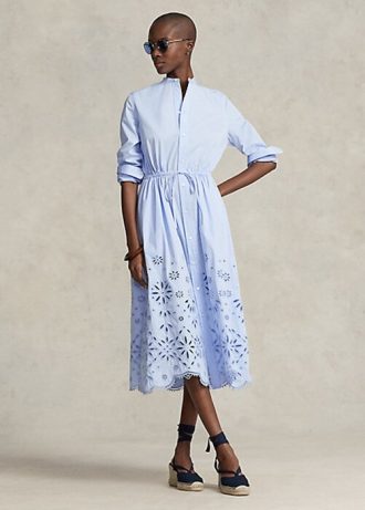 Hellblaues Kleid mit Ösenstickerei für Damen von Ralph Lauren