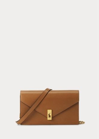 Hellbraune Ralph Lauren Polo ID Leder-Geldbörsen mit Kette für Damen