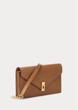 Hellbraune Ralph Lauren Polo ID Leder-Geldbörsen mit Kette für Damen