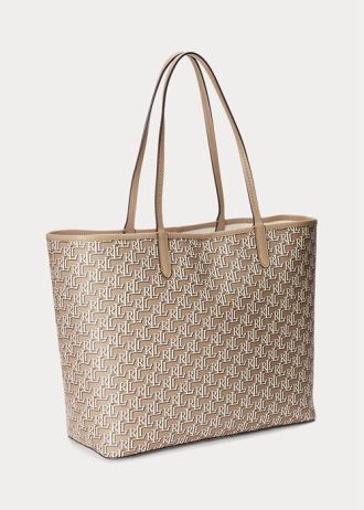 Helles Kamelfarbenes Damen Ralph Lauren Beschichtetes Canvas Mittelgroße Collins Tragetaschen