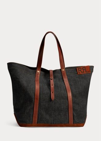 Indigoblaue Tragetaschen aus Denim mit Lederbesatz für Damen von Ralph Lauren