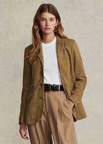 Khakifarbene Hacking-Blazer aus Lamm-Wildleder von Ralph Lauren für Damen