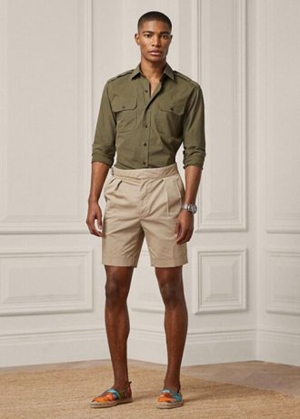 Khakifarbene, maßgeschneiderte Stretch-Chino-Shorts von Ralph Lauren für Herren Khakifarbene, maßgeschneiderte Stretch-Chino-Shorts von Ralph Lauren für Herren