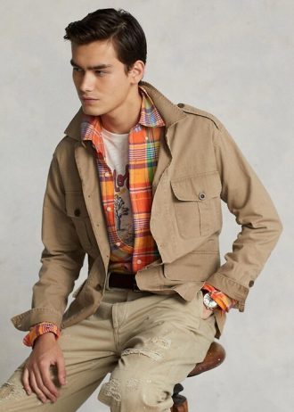 Khakifarbene Ralph Lauren Dobby Utility Overshirt-Jacken für Herren