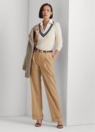 Khakifarbene Ralph Lauren-Hose aus Twill mit Falten für Damen