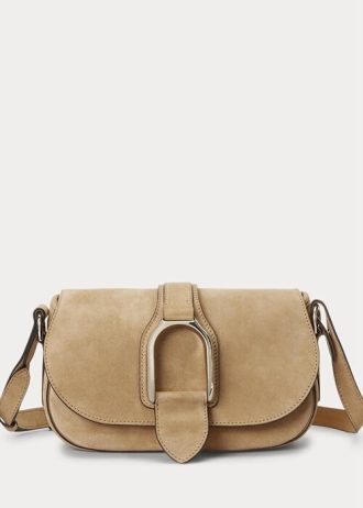 Khakifarbene Ralph Lauren Welington-Schultertaschen aus Kalbswildleder für Damen