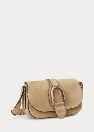 Khakifarbene Ralph Lauren Welington-Schultertaschen aus Kalbswildleder für Damen