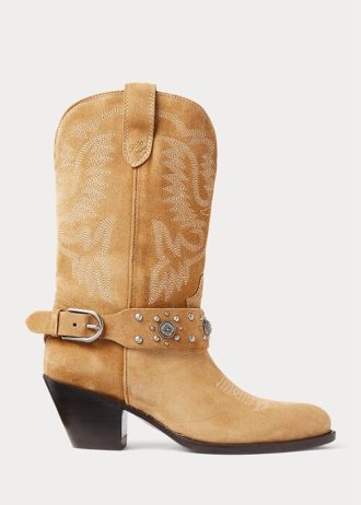 Khakifarbene Ralph Lauren Westernstiefel aus Kalbswildleder mit Nieten für Damen