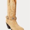 Khakifarbene Ralph Lauren Westernstiefel aus Kalbswildleder mit Nieten für Damen Khakifarbene Ralph Lauren Westernstiefel aus Kalbswildleder mit Nieten für Damen