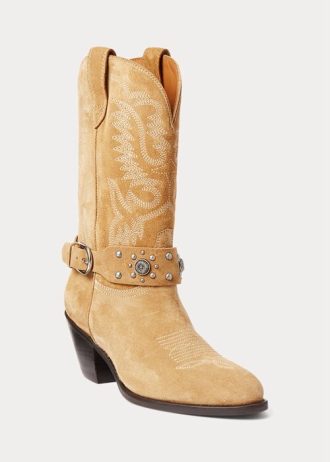 Khakifarbene Ralph Lauren Westernstiefel aus Kalbswildleder mit Nieten für Damen