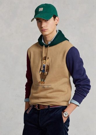 Khakifarbener Fleece-Hoodie mit Polo Bear-Farbblockdesign von Ralph Lauren für Herren
