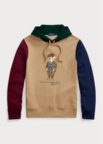 Khakifarbener Fleece-Hoodie mit Polo Bear-Farbblockdesign von Ralph Lauren für Herren