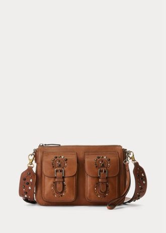 Lauren Tan Damen Ralph Lauren Noa Umhängetaschen aus Leder mit Nieten, mittelgroß
