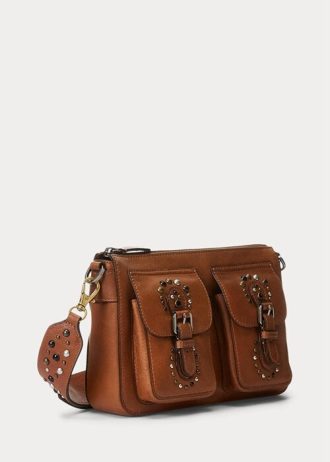 Lauren Tan Damen Ralph Lauren Noa Umhängetaschen aus Leder mit Nieten, mittelgroß