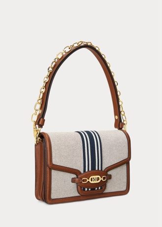 Lauren Tan/Navy Damen Ralph Lauren gestreifte Canvas-Handtasche, mittelgroß