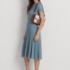 Lauren Tan/Navy Damen Ralph Lauren gestreifte Canvas-Handtasche, mittelgroß