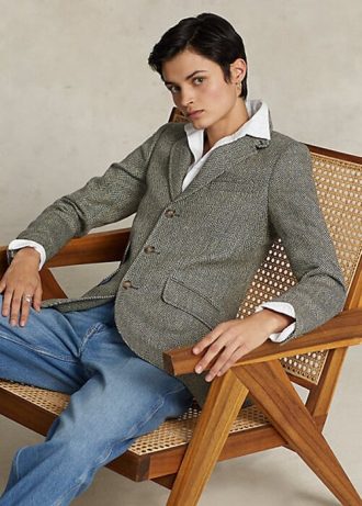 Marineblaue/cremefarbene Hacking-Blazer aus Leinenmischung mit Fischgrätenmuster für Damen von Ralph Lauren