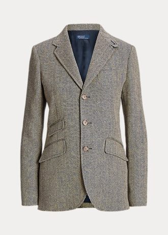 Marineblaue/cremefarbene Hacking-Blazer aus Leinenmischung mit Fischgrätenmuster für Damen von Ralph Lauren