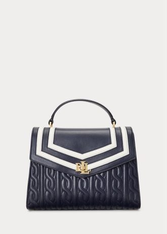 Marineblaue Damen Ralph Lauren Farrah Satchel-Taschen aus Nappaleder mittlerer Größe