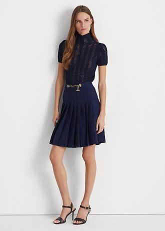 Marineblaue Georgette-Plisseeröcke von Ralph Lauren für Damen